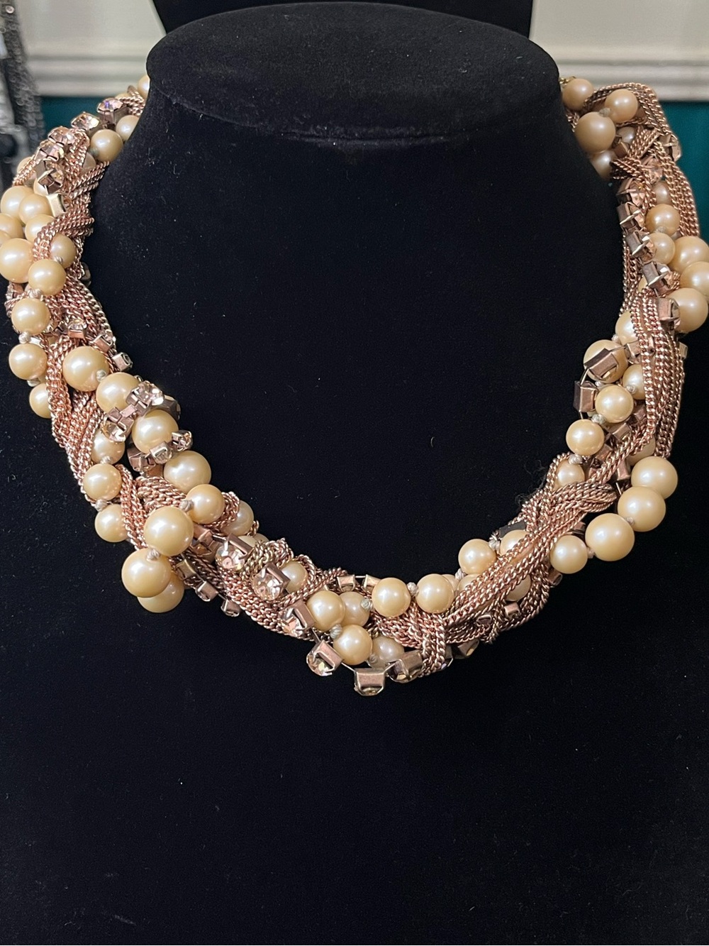 J. Crew Pearl and Rose Gold Braided Statement Necklace 1747
